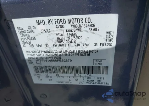 2006 Ford F-150 Fx4/Lariat/Xlt из США, поврежденный, VIN 1FTPW14566FB62679